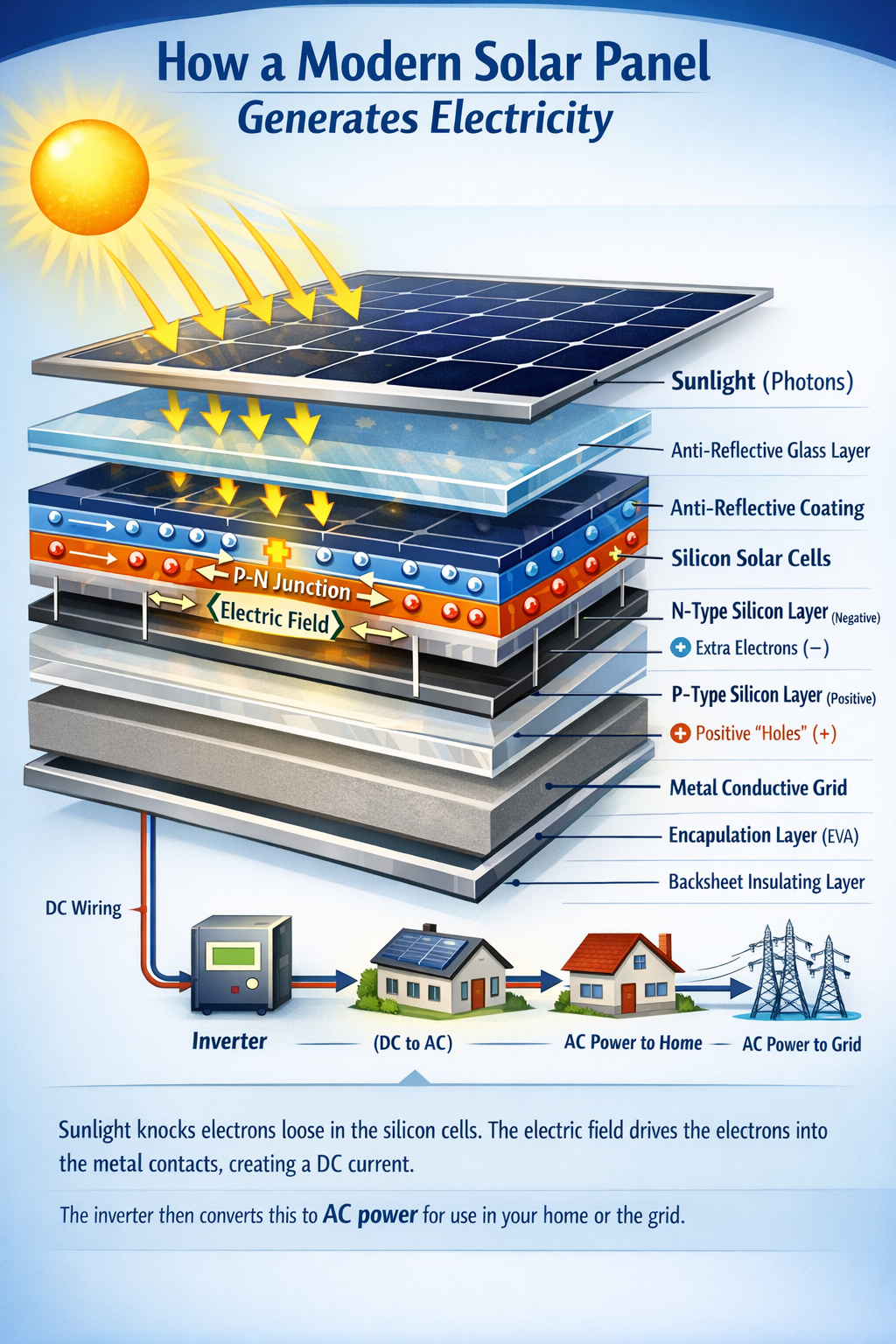 1. Sunlight Contains Energy  Solar panels convert energy from sunlight into electricity. Sunlight is made of tiny energy packets called photons. When photons strike a solar panel, they transfer their energy to the material inside the panel.  2. Silicon Cells Absorb the Light  Most modern solar panels use crystalline silicon cells. Silicon is a semiconductor, meaning it can conduct electricity under certain conditions.  Inside each cell are two specially treated silicon layers:  N-type silicon – has extra electrons  P-type silicon – has electron “holes”  When these layers meet, they form a P-N junction, which creates a built-in electric field.  3. Photovoltaic Effect  When sunlight hits the silicon:  Photons knock electrons loose from atoms.  The electric field at the P-N junction pushes the electrons in one direction.  This movement creates an electric current.  This process is known as the photovoltaic effect.  4. Metal Contacts Collect the Current  Thin metal grid lines on the surface collect the moving electrons and channel them into wires.  These wires carry direct current (DC) electricity away from the panel.  5. Inverter Converts Power for Use  Homes and appliances run on alternating current (AC) electricity.  An inverter converts the DC electricity from the solar panels into AC power that can be used in the home or sent to the electrical grid.  6. Protection and Efficiency Layers  Modern solar panels include additional layers that improve durability and performance:  Tempered glass protects against weather and impacts  Anti-reflective coatings increase light absorption  Encapsulation layers protect the cells from moisture and vibration  Backsheet insulation prevents electrical leakage  These features allow solar panels to last 25–30 years or more.
